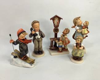 Five (5) assorted Hummel figurines including: "Skier" #59, "Kiss Me!" # 311, "Adoration" #23/1, "Hello" #124/0, and "For Mother" #257 2/0. Heights range from 4" to 6". Items have crazing and some wear to the finish. Shipping-YES