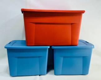 Sterilite Plastic Storage Totes: (2) blue 22-gal totes with lids, and (1) orange (possibly) 26-gal tote with lid. Good condition. Shipping-NO
