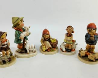 An assortment of (5) Hummel figurines all containing various farm animals. Includes: "Little Goat Herder" # 200/0, "Be Patient" #197 2/0, "The Lost Sheep" #64, "Chick Girl" #57/0 and "Farm Boy" #66. Height range from 4" to 6". All items have some crazing and some have wear to the finish. Shipping-YES