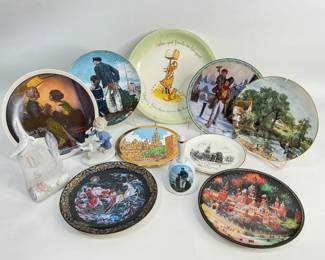 Lot includes a fine collection of collectible items featuring Staffordshire John Constable plate "The Hay Wain," two Russian-themed Bradford Exchange holiday plates, a Holly Hobbie collector edition plate, a Royal Eaton limited edition Norman Rockwell bell titled "Looking Out to Sea," a Lladro Society plaque, and a porcelain figurine of a boy. Shipping-NO