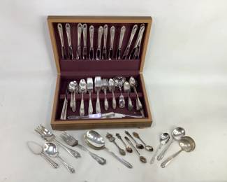 Rogers Bros. Flatware: 66pc Original Bros. flatware set with a scalloped floral design, mixed serving ware with the "Old Colony" and "Berkshire" design, (3) collector spoons, and (1) sterling baby spoon stored in an Anti-Tarnish silverware container. Shipping-YES