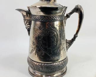 Antique Meriden B. Company Silver Plate Pitcher features a Victorian-style design with an intricately etched floral pattern, and quadruple-plated, #193, H 13 1/2". Shipping-YES