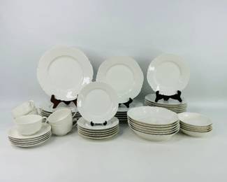 Haviland Ranson White Porcelain Dinnerware: (6) Dinner plates, (6) salad plates, (10) dessert plates, (6) bread & butter plates, (6) coupe soup bowls, (5) sorbet bowls, and (6) flat cup/ saucer sets (missing one saucer). Some stains, chips, and cracks. See photos for details. Shipping-NO