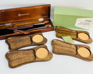 Wusthof Carving Set in wooden box, appears new. (1) Imperial Kala-Wood 4-pc TV Tray set, new in original box. Shipping-YES