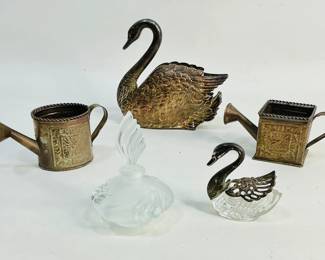 Tabletop Decor: Godinger silver-plated Swan napkin holder with a small silver plate salt cellar, a vintage cut glass perfume bottle, and (2) small Hosley watering cans.