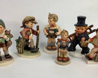 Six (6) assorted Hummel figurines including: "On Secret Path" #386, "Valentine Joy" #399, "For Father" #87, "Chimney Sweep" stamp appears to be 'KF40', "Merry Wanderer" #11 2/0, and "Little Hiker" #16 2/0. Items have crazing and some wear to finish in areas. Heights range from 4" to 5 1/2". Shipping-YES