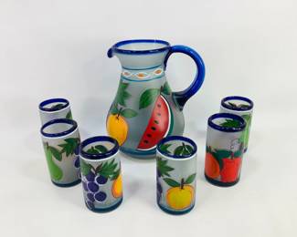 Painted Mexican frosted glass pitcher, H 11" x W 10" x D 8" with (6) tumblers, H 5 1/2" x 3" diameter. Painting depicts various fruits.