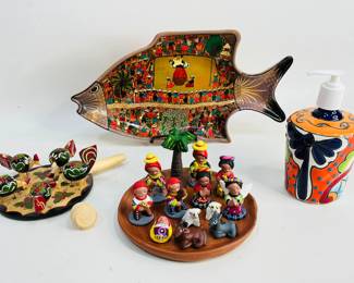 Mexican Folk Art (1) Fish wall art H 7 1/2" X W 14" X D 1 1/2", (1) Mini Clay sculpted nativity set, (1) decorative lotion bottle H 7", and more. Shipping-YES