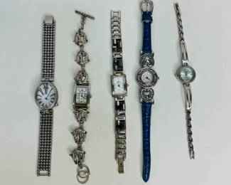 Five (5) women's wrist watches by brands such as Geneva, Peyote Bird, Breguet and more. Blue leather band is damaged. Untested, some may need batteries. Shipping-YES