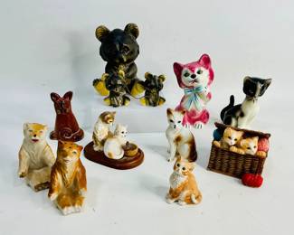 Cats & Bears! This critter-filled lot features a tender mama bear and cubs chained trio, a whimsical Stratford Collection figurine of curious kittens eyeing a bird, an artsy abstract cat ceramic bell, an adorable pair of bear-shaped salt and pepper shakers, and many more delightful animal figurines. Shipping-YES