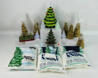 Illuminated Christmas trees: (1) vintage battery-operated ceramic tree, H 10 1/4" x W 6", (1) set of six color-change LED table trees, H 4", (6) gold-toned Christmas tree candles, scatter flakes snow, and more. Shipping-YES