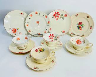 Cup, Saucer, and Dessert Plates. (1) Schwarzenhammer porcelain set in the "Charlotte" pattern. (1) AL-KA Kunst Kronach Bavaria Germany set. (1) Cambridge Royal Ivory China, orange and grey floral pattern. (1) Bavarian China set. Shipping-YES