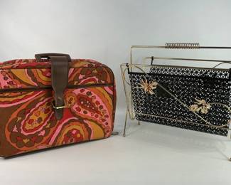 The lot features a vintage Sarne Products Ltd. mini canvas suitcase and a mid-century modern Magazine Rack. Shipping-NO