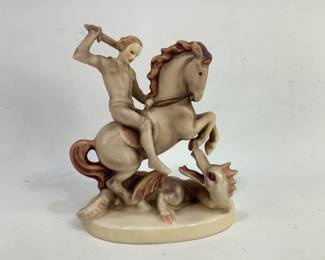 Goebel Hummel figurine titled "Saint George and the Dragon" #55, H 7" x W 6" x D 3". Base has some crazing.