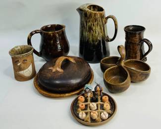 Ironstone, includes a pitcher by Cannonsburg H 9 1/2", (2) mugs with faces, (1) 3 section serving dish, (1) cheese tray with lid W 8 1/2", (1) tic tac toe set