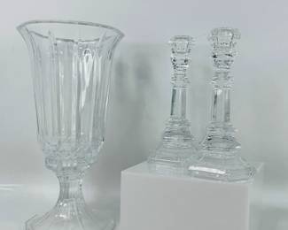 Includes a pair of 8" Tiffany & Co.Plymouth single-light Candlestick holders and a St. George 24% lead Crystal pillar candle holder hurricane (2pc), H 12 1/4". Shipping-NO