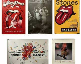 Rolling Stones Posters, (1) "It's only Rock n Roll, But I like it" H 36" X W 24". (1) "Sticky Fingers" Alternative cover art lithograph, autographed and numbered, #2208/2500, H 26 1/2" X 22 1/2". (1) The Rolling Stones 1981 U.S. tour poster, H36 1/2" X 25". (1) 2018 "No Filter" tour poster H 16 1/2" X 12". All have wear and tear but overall good condition. Shipping-YES