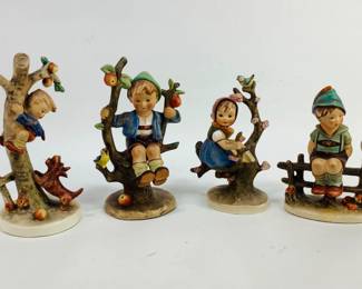 M.J. Hummel Figurines: (1) "Apple Tree Girl" #141/V, "Culprits" # 56/A, "Wayside Harmony" #111/1, Apple Tree Boy" #142/1, ranging from H 5 3/4"- 7 1/4". Some crazing Shipping-YES