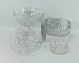 Waterford Crystal and cut glass bowls: (1) Bethany Waterford Crystal pillar candle holder, (1) Araglin Waterford Crystal 8 3/4" round bowl, and a pair of cut crystal bowls, 4 1/4" and 7 1/4" in diameter. Shipping-NO