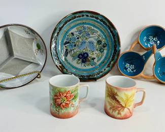 Ceramic Dishes, (2) hand painted cups stamped 1977 and 1979, (1) Blue and Brown plate 10", (1) divided serving dish * 1/2", (1) 3 compartment dip set.