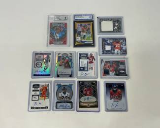 Denver Broncos NFL Trading Cards: (1) Beckett graded 2021 Panini Rookies & Stars- Stellar Rookies Red Plaid Javonte Williams No. SR-9, 9 Mint, (1) 2022 Panini Donruss Premium Press Proof Jerry Jeudy #263, 10 Gem Mint, (7) autographed cards, and more. Shipping-YES