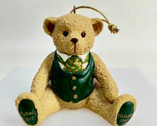 Vintage Harrods 150th Anniversary Teddy Bear Ornament commemorating the years 1943-1993, H 2 1/2". Shipping-YES
