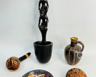 African-inspired art, includes a hand-carved wooden water dipper ladle, (2) decorative gourds, small picture with broken handle, and more. Shipping-YES