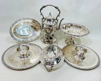 The lot includes a silver-plated Art Nouveau-style tilting teapot on a stand, two Camelot chip and dip trays, a casserole dish with lids, and a pedestal serving bowl. Shipping-YES