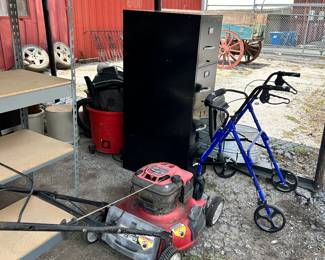 Mower. Walker.  File cabinet.