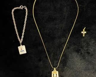 18k Gold Cross Pendent, A Monogram Gold Fill Bracelet, And GM Gold Fill Bracelet With Sapphires