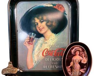 Vintage Coca Cola And Pepsi Cola Trays And Brass Bottle Opener