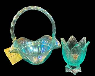 Blue Iridescent Fenton Basket Blue Tulip Fenton Candle Holder