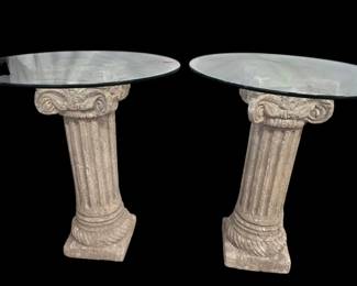 Two Plaster Column Pedestals With Round Glass Tops