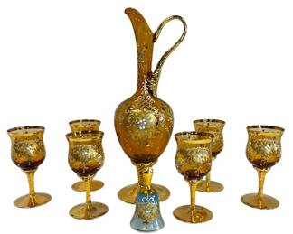 Hand Painted Gold Wine Glasses, Pitcher, And Bell
