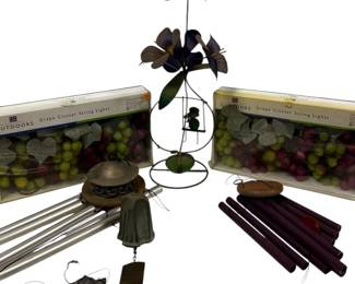 Outdoor Decor Windchimes, Metal Flower Sculpture,  Hanging Lights