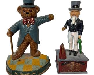 Vintage Uncle Sam Cast Iron Coin Bank Teddy Bear Door Stopper 