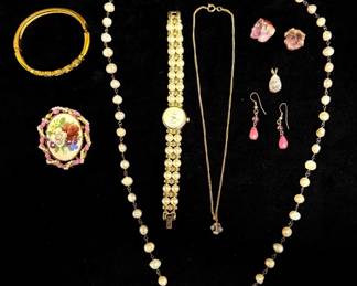 Floral Pearl And Gold Toned Costume Jewelry, Including Necklace With Sterling Clasp