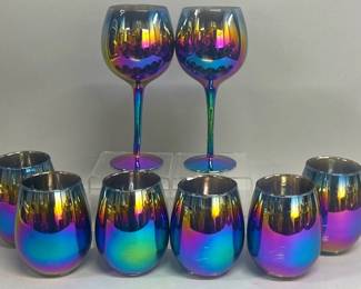 Lot of rainbow colored iridescent wine glasses