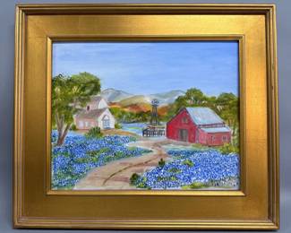 Charming original framed acrylic pastel of farm scene
