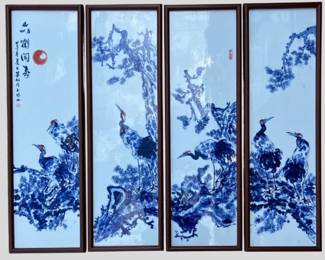 Beautiful set of 4 framed blue and white Chinese porcelain plaques