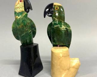 Pair of vintage Brazillian carved stone parrots on stands