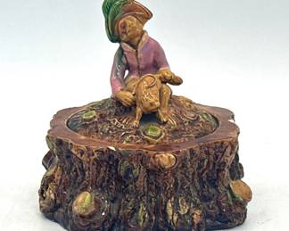 Figural Majolica tobacco jar depicting woods scene with monkey
