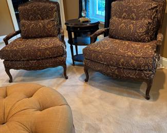 Pair of Pearson Upholstered Armchairs – Classic damask-pattern fabric in rich brown and gold tones with carved wood frames. Elegant lines, comfortable seating, and superior craftsmanship from Pearson. Excellent condition.