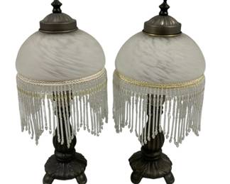 244 - Pair Lamps w/ Beaded Fringe 13.5" used as-is electric/electronic/mechanical item - no guarantee all components, untested
