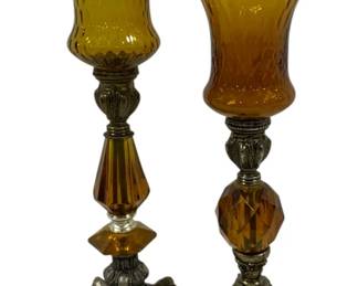 1048 - Vintage Amber Candle Stands 12.5" & 14"
