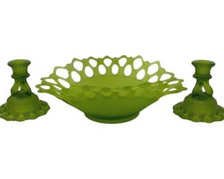1639 - 3pc Westmoreland Doric Lace Avocado Set Console bowl 12 x 9 x 4 & pair 4.5" candlesticks
