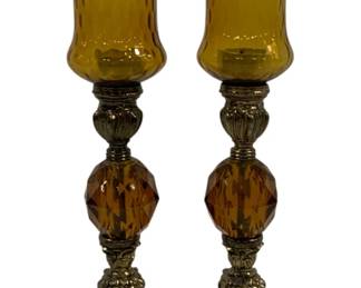 591 - Pair Amber Hollywood Regency Candlestands 12.5"

