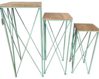 2450 - 3 Graduated Size Teal Metal & Wood Stands 28 x 12 x 12
