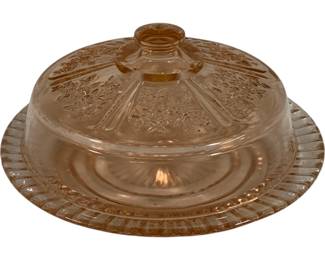 476 - Pink Depression Cabbage Rose Butter Dish 6.75 round
