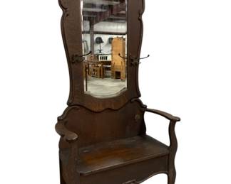 2038 - Original Finish Carved Oak Hall Rack with double coat hooks, lift seat 76 x 38 x 17
